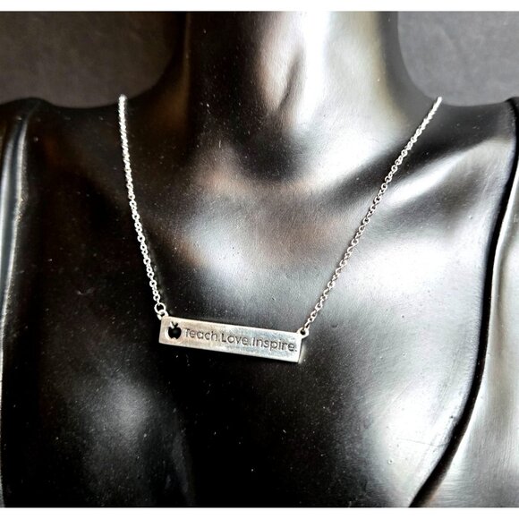 Silver-Tone Teacher Gift Necklace Inspirational Bar Pendant Teach Love Inspire - Picture 1 of 7